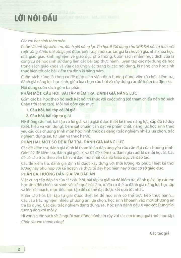 VỞ BÀI TẬP KIỂM TRA, ĐÁNH GIÁ NĂNG LỰC TIN HỌC LỚP 9 (Sử dụng cho SGK Kết nối tri thức, Chân trời sáng tạo)